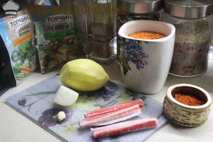 Polévka s krabí tyčinky a zelenina - Jak vařit s krabí tyčinky, krok za krokem recept fotografiemi m