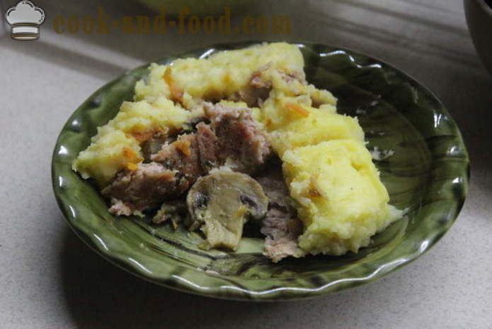 Angličtina bramborový koláč s masem a žampiony - jak vařit kastrol z brambor a masa, se krok za krokem recept fotografiích