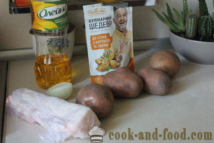 Vařené brambory s cibulí a slaninou - jako lahodný vařit brambory na přílohu, krok za krokem recept fotografiích