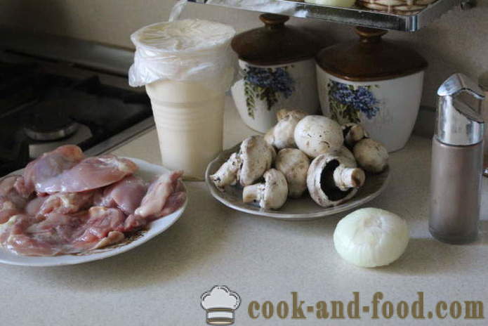 Kuřecí stehno bez kosti s houbami v troubě - jak vařit lahodný kuřecí stehna v troubě, se krok za krokem recept fotografiích