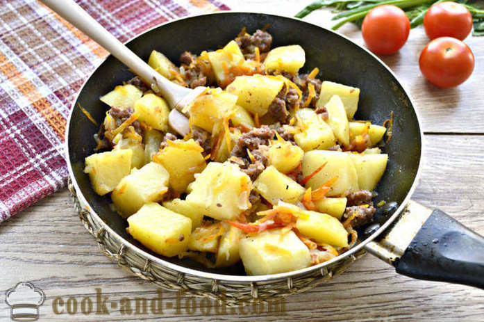 Brambory dušené s masem a zeleninou - jak uvařit chutné brambory na pánvi, krok za krokem recept fotografiích
