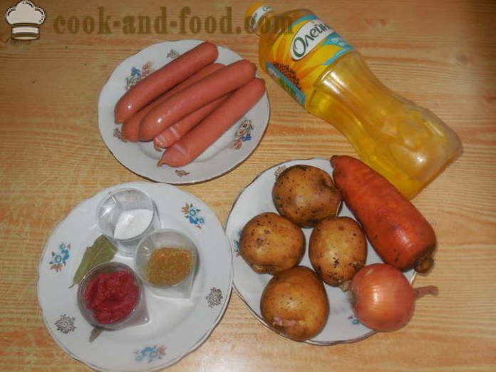 Solyanka s uzenin a brambor v multivarka - jak vařit lahodný klobása s bramborami, krok za krokem recept fotografiích