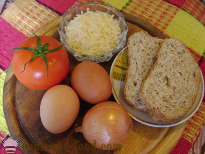 Míchaná italsky - jak vařit míchaná vejce s rajčaty, sýrem a chlebem, se krok za krokem recept fotografiích