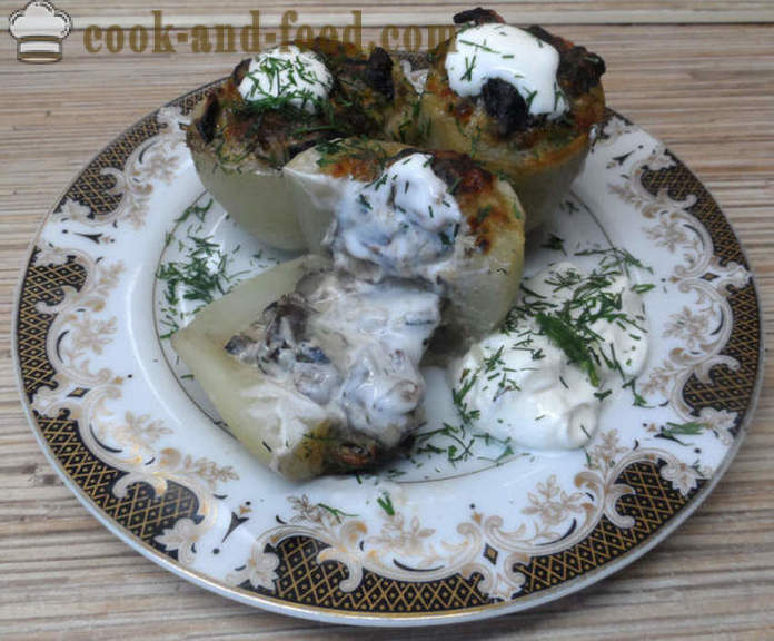 Pečené brambory plněné žampiony a sýrem - Jak vařit brambory plněné houbami, krok za krokem recept fotografiích