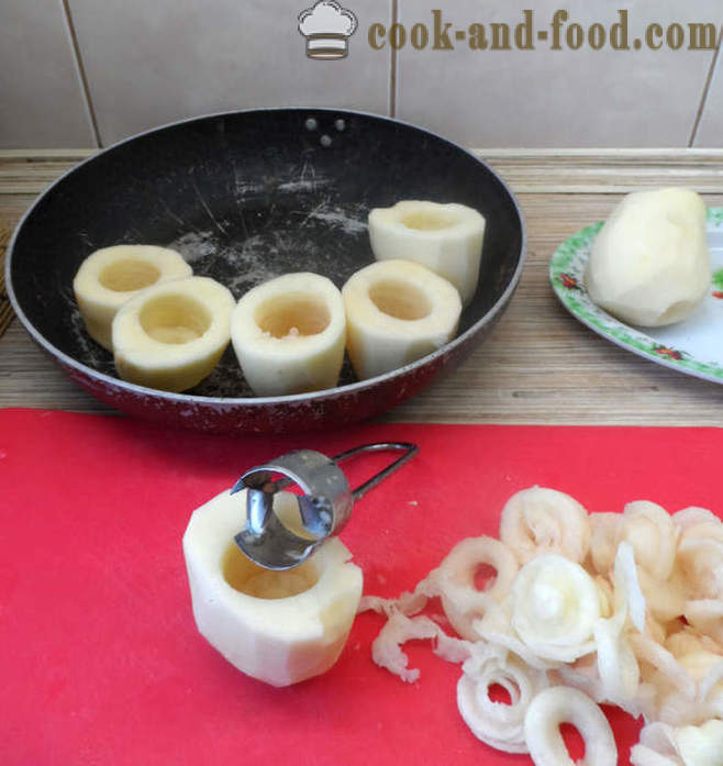 Pečené brambory plněné žampiony a sýrem - Jak vařit brambory plněné houbami, krok za krokem recept fotografiích