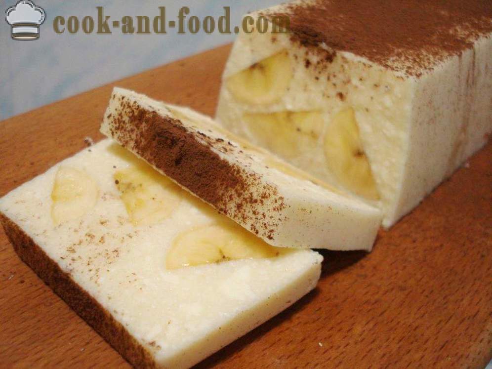 Tvarohový dezert s želatinou a banán bez pečení - jak vařit tvarohový dezert s želatinou, krok za krokem recept fotografiích