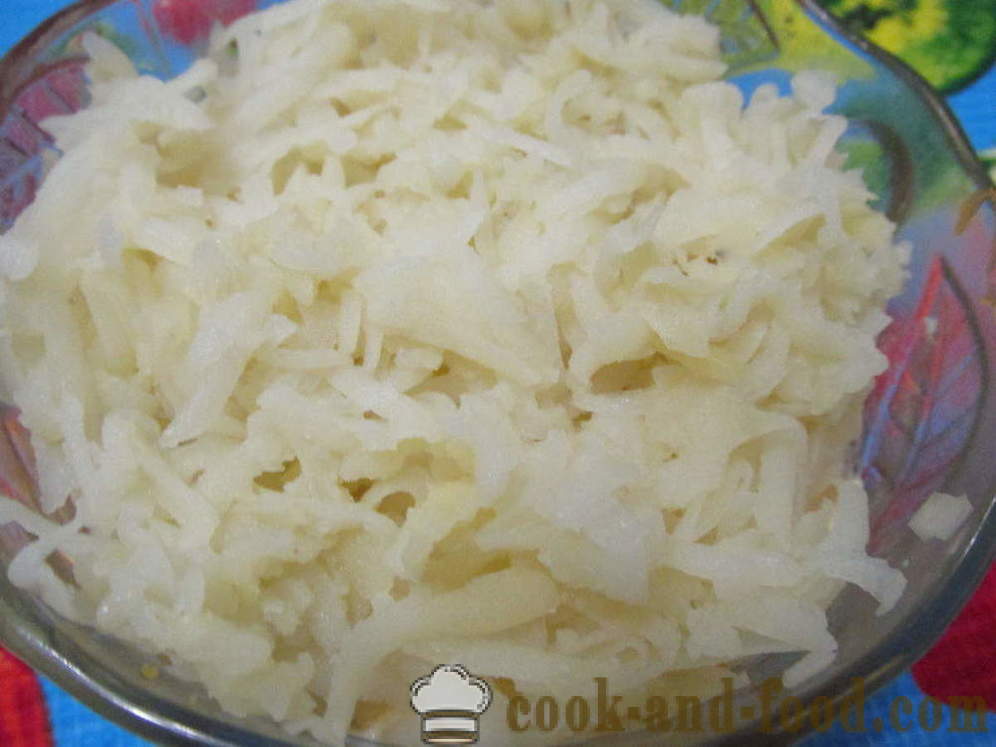Mimosa salát se konzervy a tavených sýrů - Jak připravit salát s Mimosa Konzervy bez oleje, krok za krokem recept fotografiích