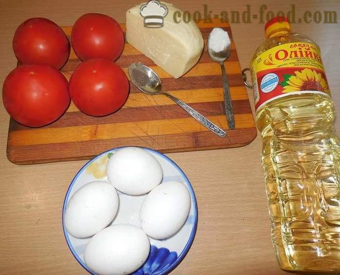 Původní míchaná vajíčka nebo rajčata v lahodné rajčata s vejci a sýrem - jak vařit míchaná vajíčka krok za krokem recept fotografiích