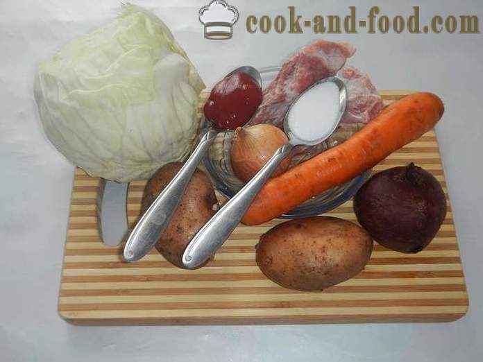 Classic červený boršč s cukrovou řepu a maso - jak vařit polévku - krok za krokem recept s fotografií ukrajinské boršč