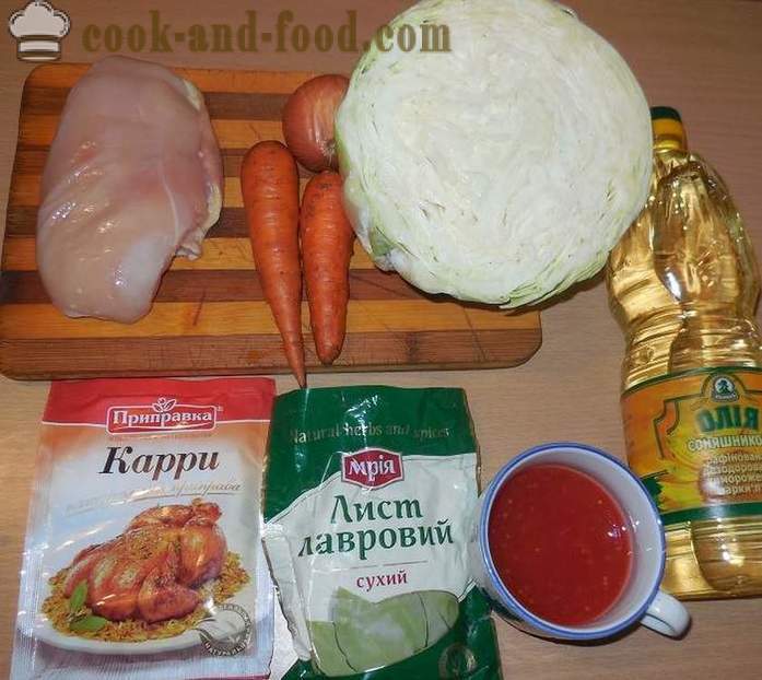 Dušené zelí s kuřecím masem, zeleninou a kari - Jak vařit dušené zelí s masem kuřete - krok za krokem recept fotografiích