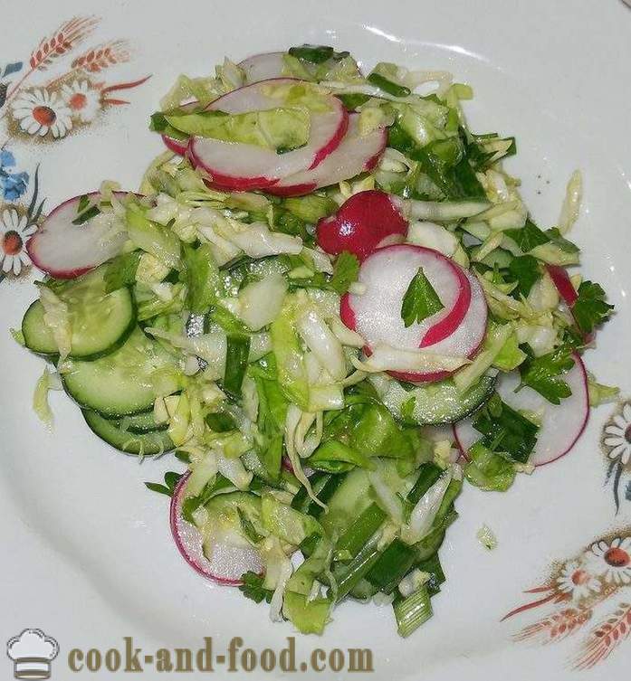Jednoduché a chutné jarní salát ze zelí, ředkvičky a okurky bez majonézy - Jak si vyrobit jarní salát s krok za krokem recept fotografiích