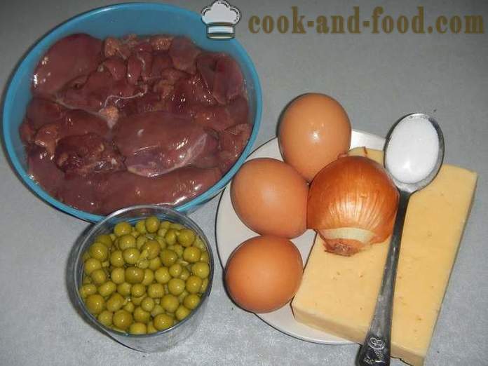 Jednoduchý salát z kuřecích jater - krok za krokem recept na játra salát vrstev (s fotografiemi).
