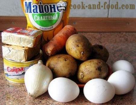 Mimosa salát - tahová klasický recept se sýrem, máslem, konzerv a brambory (foto, video)